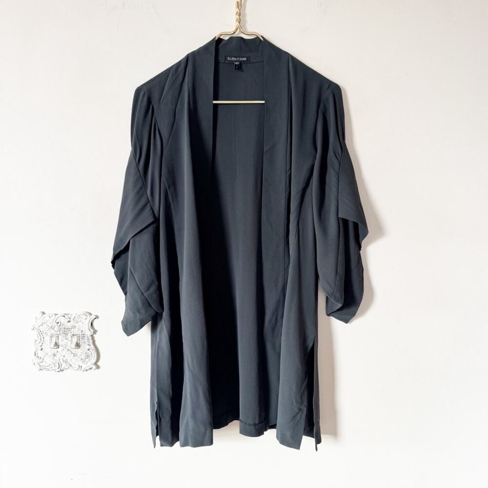 Eileen Fisher Black Silk Georgette Crepe Kimono Draped Open Blazer Jacket S